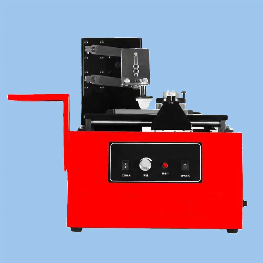عکس دستگاه چاپ تامپو رو میزی تک هد قرمز رنگ مکانیکی