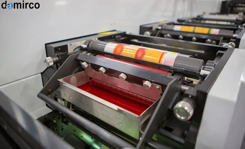 دستگاه چاپ فلکسو مدرن در حال تولید بسته‌بندی‌های رنگی