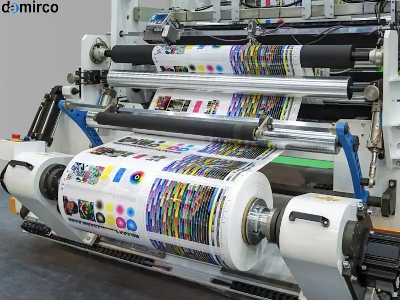 دستگاه چاپ فلکسو در حال کار، نمای نزدیک از سیلندرها و رول‌های مرکب