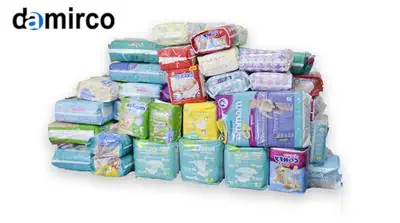 خط تولید پوشک بچه، ماشین آلات صنعتی تولید پوشک، انبار پوشک بچه آماده صادرات، بسته‌های پوشک با برچسب صادراتی