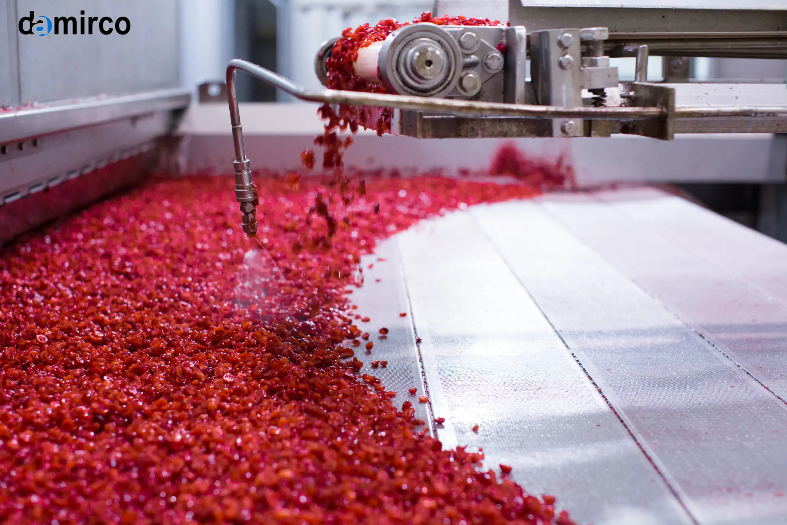 یک دستگاه میوه خشک کن صنعتی بزرگ با سینی‌های متعدد پر از میوه‌های اسلایس شده