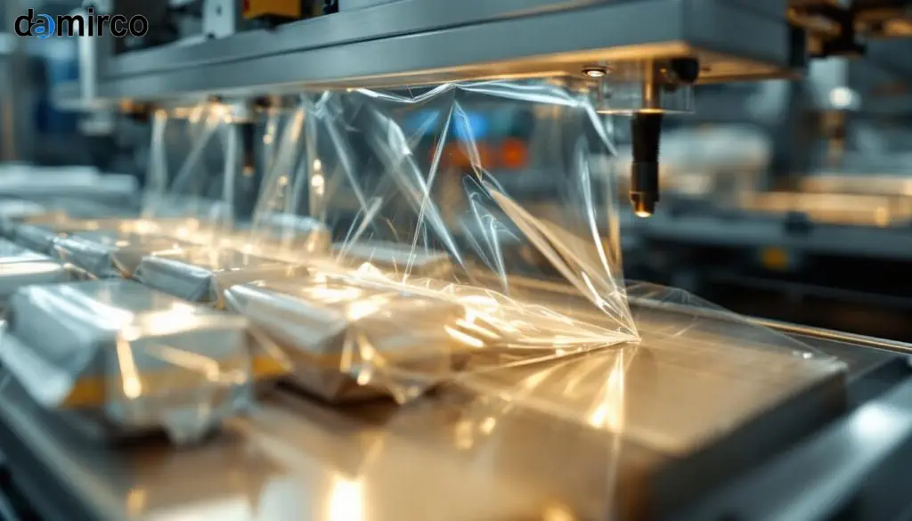 یک دستگاه سلفون کش اتوماتیک صنعتی در حال بسته بندی یک پالت بزرگ در یک انبار مدرن