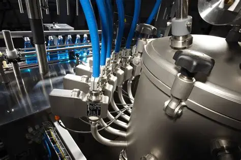 تصویر یک خط تولید مجهز به دستگاه پرکن مایعات تمام اتوماتیک در حال پر کردن بطری‌ها