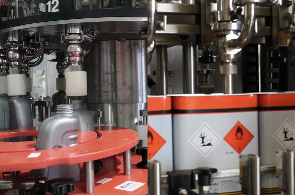 یک دستگاه پرکن و دربند مایعات مدرن در حال کار در یک خط تولید صنعتی