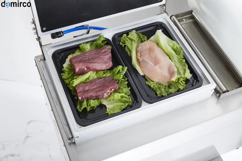 یک دستگاه اسکین پک رومیزی در حال بسته‌بندی قطعات صنعتی کوچک روی یک کارت مقوایی