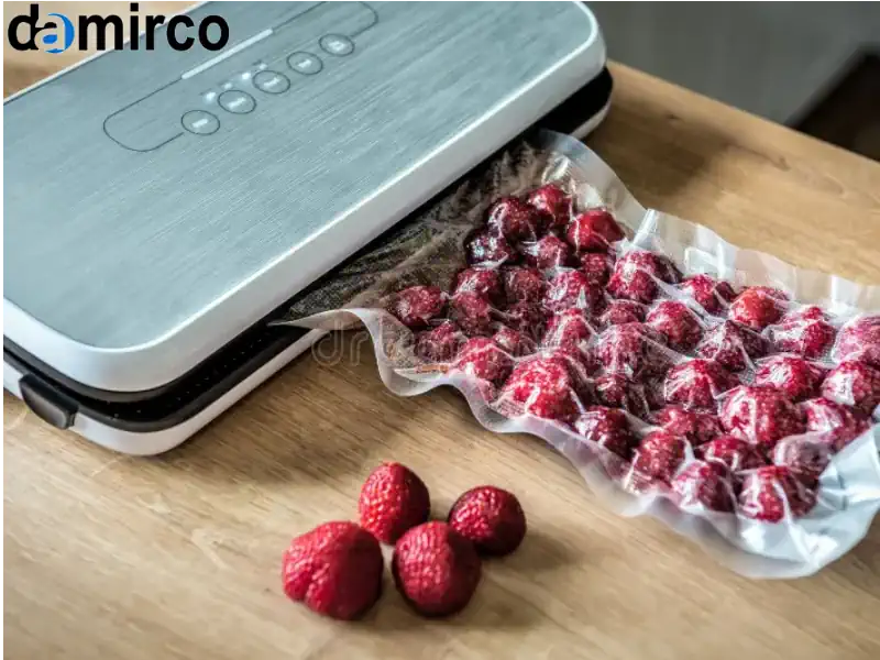 یک دستگاه بسته بندی وکیوم دست دوم صنعتی در حال کار در یک کارخانه مواد غذایی