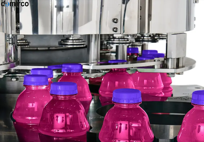 دستگاه درب بند اتوماتیک در حال بستن درب بطری‌های شیشه‌ای در یک خط تولید صنعتی پیشرفته