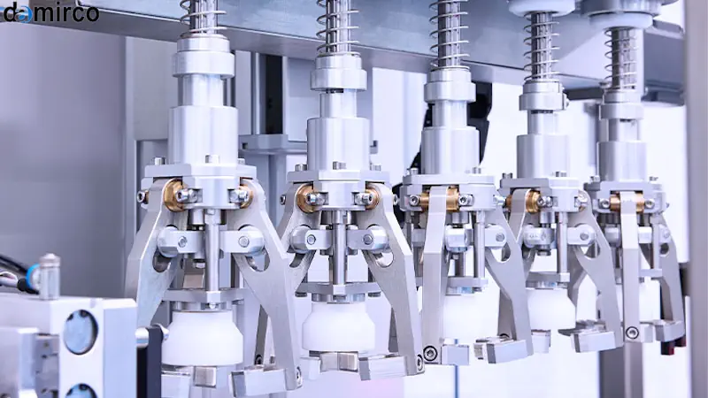 تصویر یک دستگاه درب بند اتوماتیک در حال بستن درب بطری‌های پلاستیکی در یک خط تولید پیشرفته