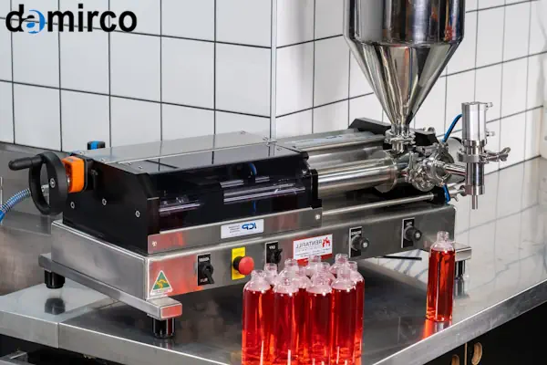 یک دستگاه پرکن مایعات خانگی رومیزی در حال پر کردن بطری‌های شیشه‌ای کوچک با مایع زرد رنگ