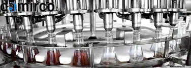 نمای نزدیک از نازل‌های دستگاه پرکن مایعات سیلندر پیستونی در حال پر کردن بطری‌های شیشه‌ای