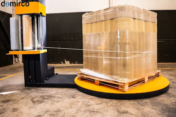 یک دستگاه استرچ پالت مدرن در یک کارخانه در حال بسته‌بندی پالت