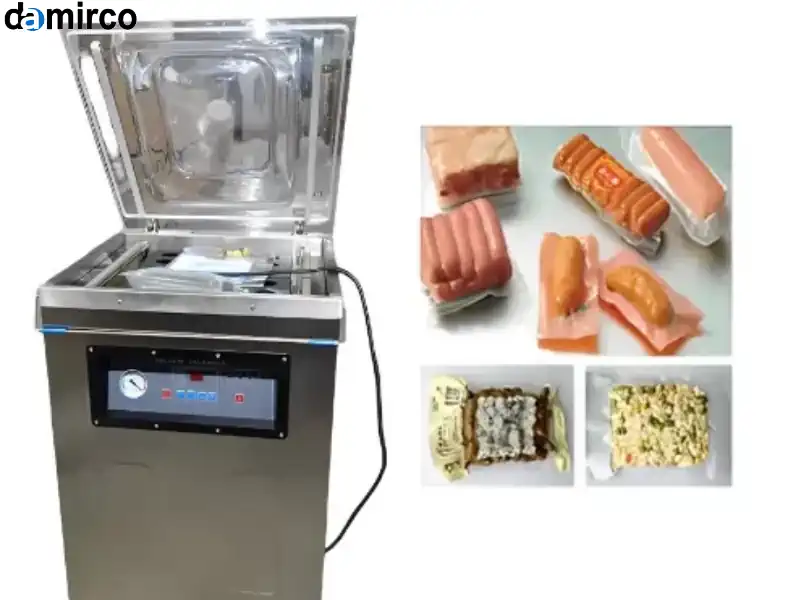 یک دستگاه وکیوم مواد غذایی صنعتی در حال بسته بندی گوشت برای افزایش ماندگاری