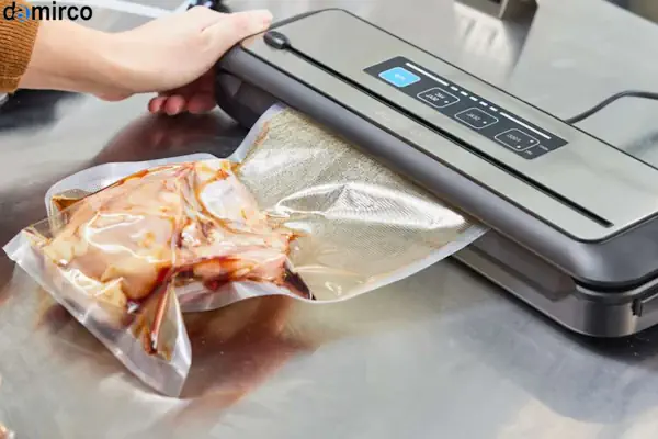 دستگاه سیل وکیوم صنعتی دو کابین در حال بسته‌بندی محصولات پروتئینی