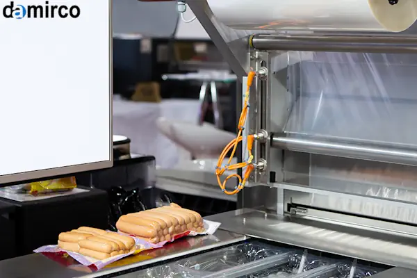 دستگاه سیل حرارتی صنعتی پیشرفته در حال کار در یک کارخانه مواد غذایی