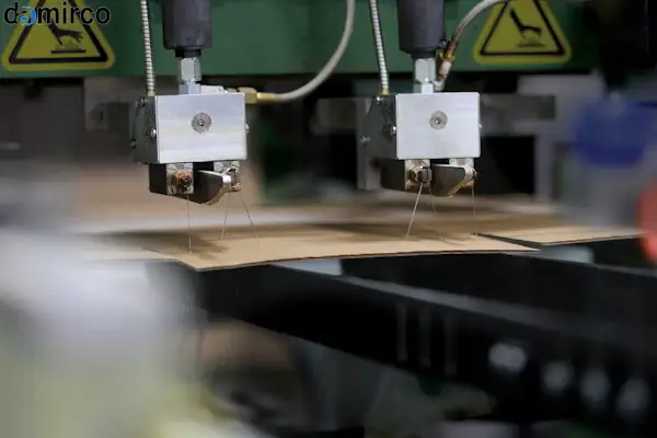 یک دستگاه چسب هات ملت صنعتی در حال کار در یک خط تولید