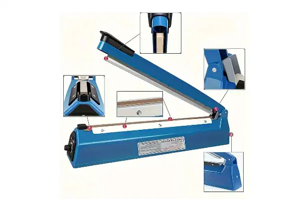 یک دستگاه دوخت پلاستیک رومیزی در حال بسته‌بندی یک کیسه پلاستیکی شفاف حاوی خشکبار