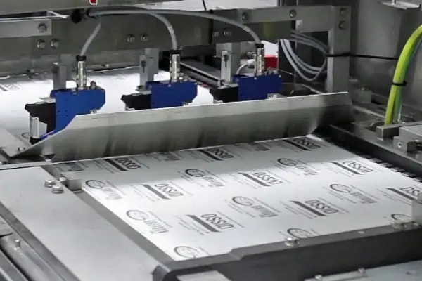 نمای نزدیک از یک دستگاه ترموفیل سیل صنعتی در حال بسته‌بندی ظروف ماست