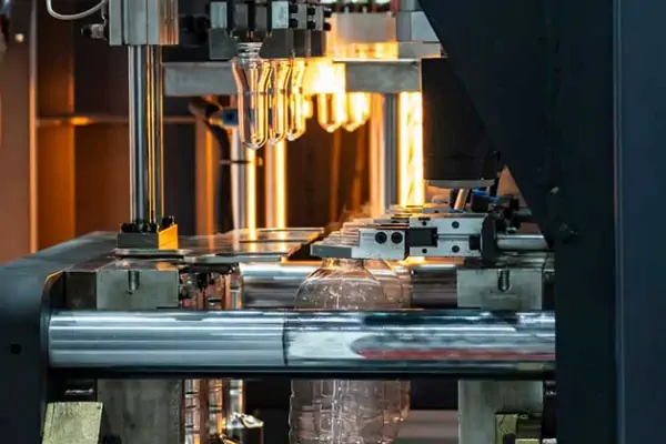 دستگاه بادکن پت تمام اتوماتیک در حال تولید بطری های شفاف در کارخانه