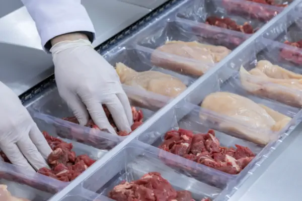 نمایی از یک دستگاه ترموفیل سیل در حال کار، نمایش مراحل فرم‌دهی، پر کردن و سیل ظروف پلاستیکی