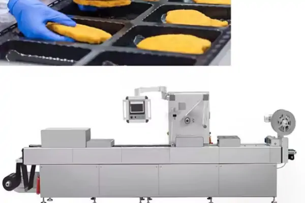 نمای نزدیک از یک دستگاه ترموفرمینگ بسته بندی در حال تولید ظروف لبنی