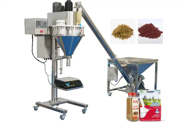 دستگاه پرکن پودری صنعتی در حال پر کردن ظروف با ادویه جات