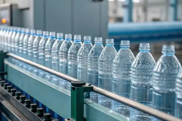 دستگاه بادکن پت نیمه اتوماتیک در حال کار در یک خط تولید بطری پت