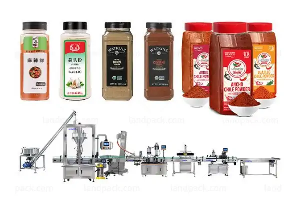 یک دستگاه پرکن پودری ادویه از جنس استیل ضد زنگ در یک خط تولید مدرن