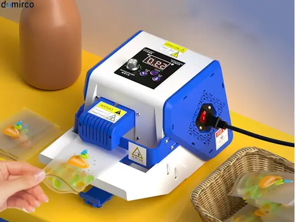 یک دستگاه دوخت پلاستیک خانگی رومیزی در حال وکیوم کردن کیسه حاوی سبزیجات تازه روی پیشخوان آشپزخانه