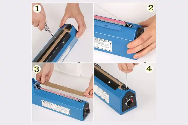 تعمیرکار در حال تعویض المنت و پارچه نسوز یک دستگاه دوخت پلاستیک صنعتی