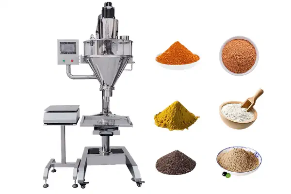 یک دستگاه پرکن پودری نیمه اتوماتیک استیل در یک کارگاه تولیدی