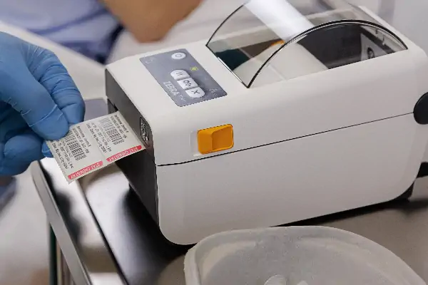 یک دستگاه لیبل پرینتر صنعتی در حال کار در یک محیط کارگاهی