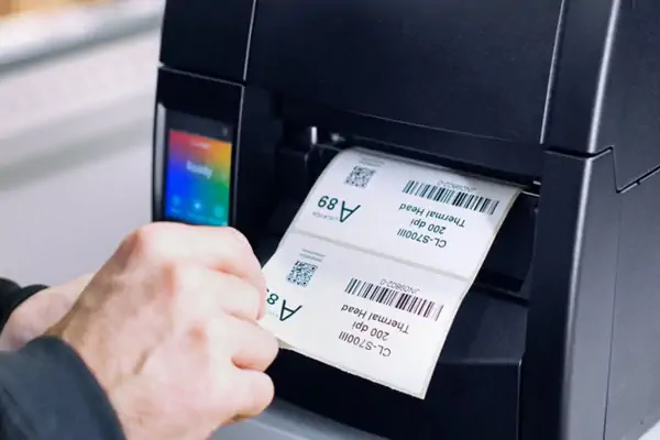 نمایی نزدیک از یک لیبل پرینتر صنعتی در حال چاپ برچسب برای محصولات