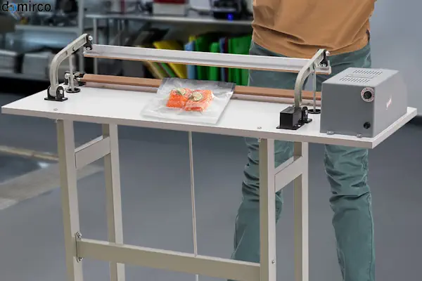 یک دستگاه دوخت نایلون پدالی صنعتی در حال بسته بندی یک کیسه ضخیم پلاستیکی