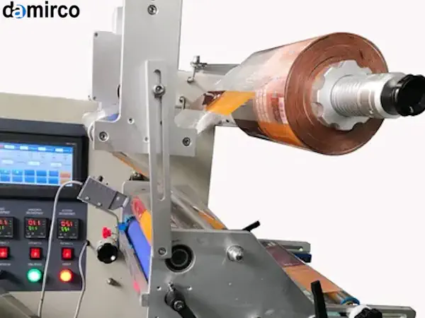 نمای نزدیک از یک دستگاه پیلو پک در حال بسته بندی قطعات صنعتی فلزی