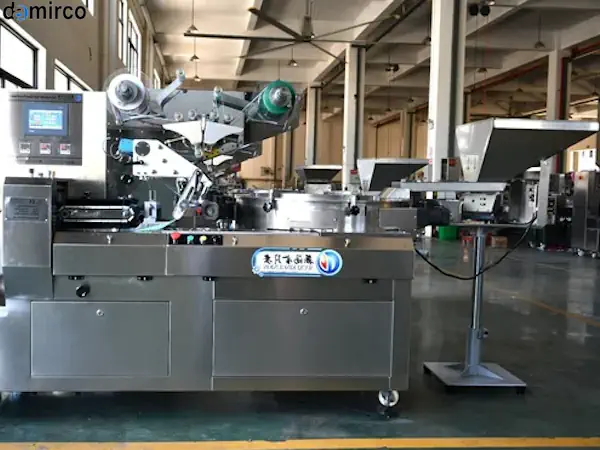 تصویری از یک دستگاه بسته بندی پیلو پک دست دوم در یک محیط صنعتی که در حال بازرسی فنی است.