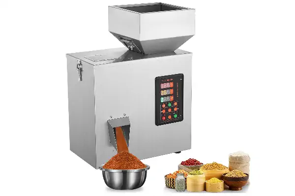 دستگاه پرکن پودری اتوماتیک در حال پر کردن ظروف در یک خط تولید صنعتی