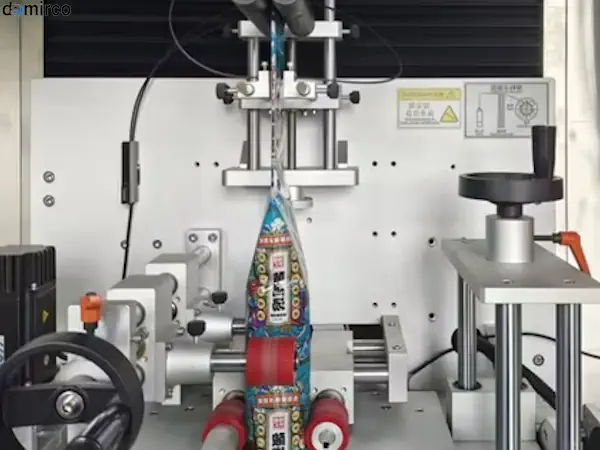 تصویر یک دستگاه لیبل شیرینگ نیمه اتوماتیک در حال نصب لیبل بر روی بطری‌های پلاستیکی