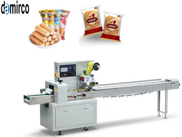 نمای نزدیک از دستگاه پیلو پک صنعتی مجهز به تاریخ زن حرارتی در حال بسته بندی یک محصول غذایی