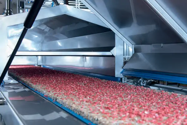 نمای داخلی یک تونل سرد کن صنعتی با نوار نقاله استیل