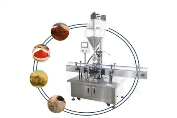 یک دستگاه بسته بندی توزین دار رومیزی در حال بسته بندی حبوبات در یک کارگاه کوچک