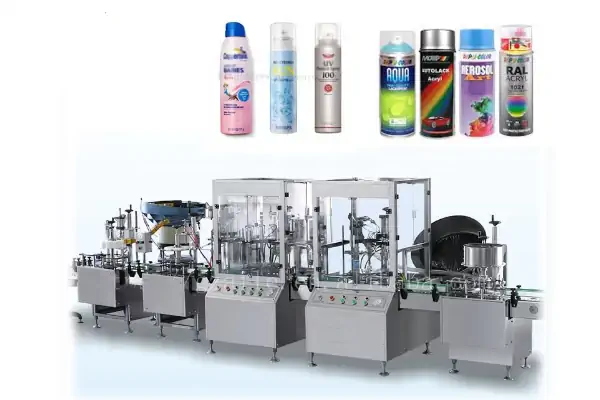 نمایی از یک دستگاه اسپری پرکن اتوماتیک در یک خط تولید مدرن و تمیز