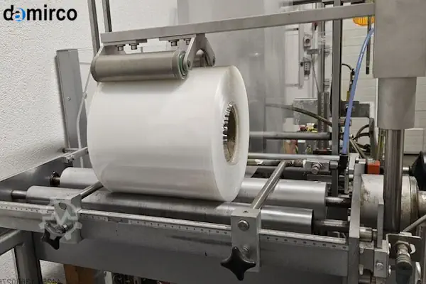 تصویر دستگاه باندرول در حال بسته بندی یک دسته محصول صنعتی