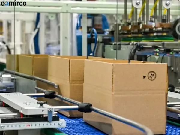 یک دستگاه چسب زن کارتن صنعتی در حال چسب زدن به بالای یک کارتن قهوه‌ای در یک خط تولید.