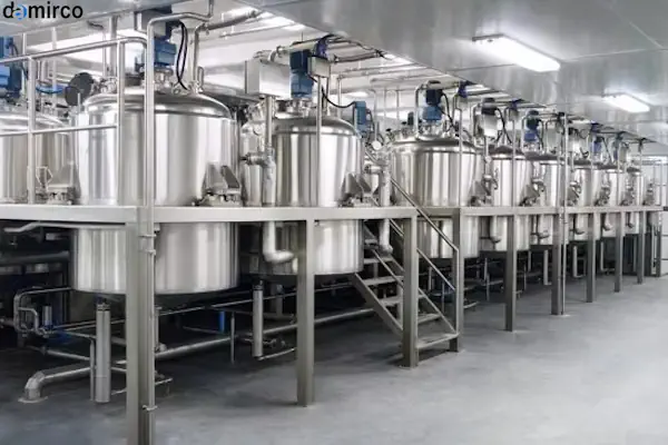 تصویر یک میکسر مایعات استیل صنعتی براق در یک محیط تولیدی استریل و تمیز