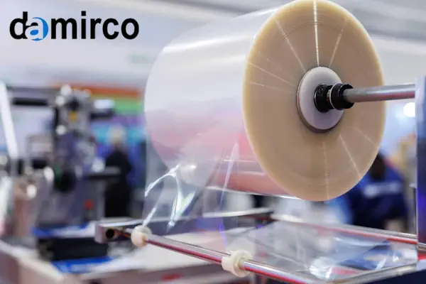 یک دستگاه سلفون کش صنعتی در حال بسته بندی جعبه های مقوایی با روکش شفاف