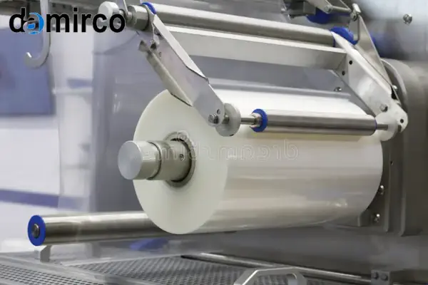 نمای نزدیک از یک دستگاه سلفون کش رومیزی در حال بسته‌بندی یک ظرف غذا.