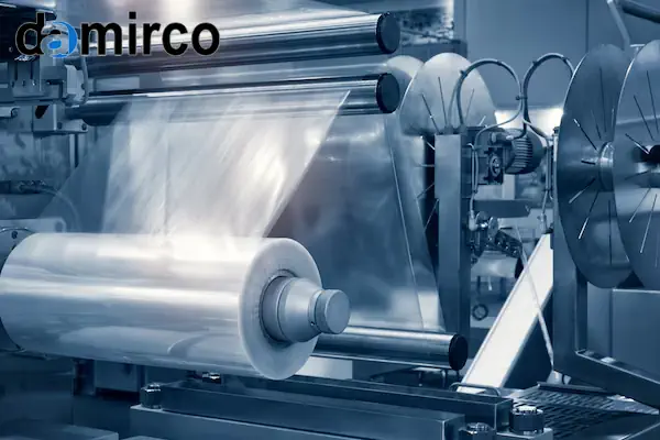 نمای نزدیک از یک دستگاه سلفون کش جعبه صنعتی در حال بسته بندی