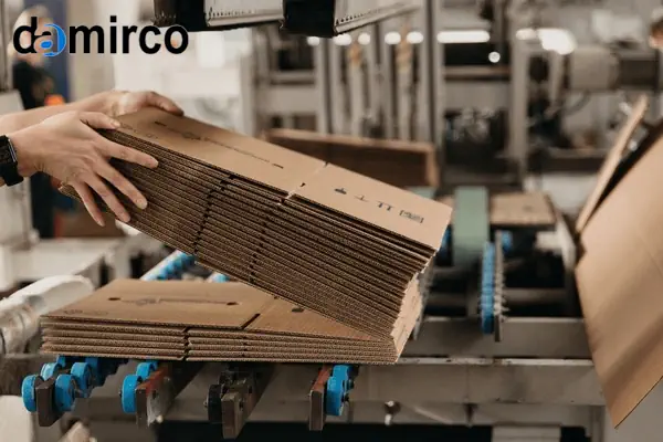 یک دستگاه کارتن فورمینگ اتوماتیک در حال ساخت کارتن در یک خط تولید صنعتی