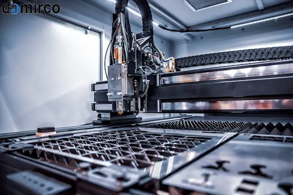 یک دستگاه برش لیزر کوچک رومیزی در حال حکاکی دقیق روی یک قطعه چوبی در یک کارگاه مدرن و تمیز