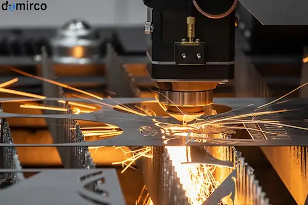 دستگاه برش لیزر فلزات در حال برش ورق فولادی با دقت بالا